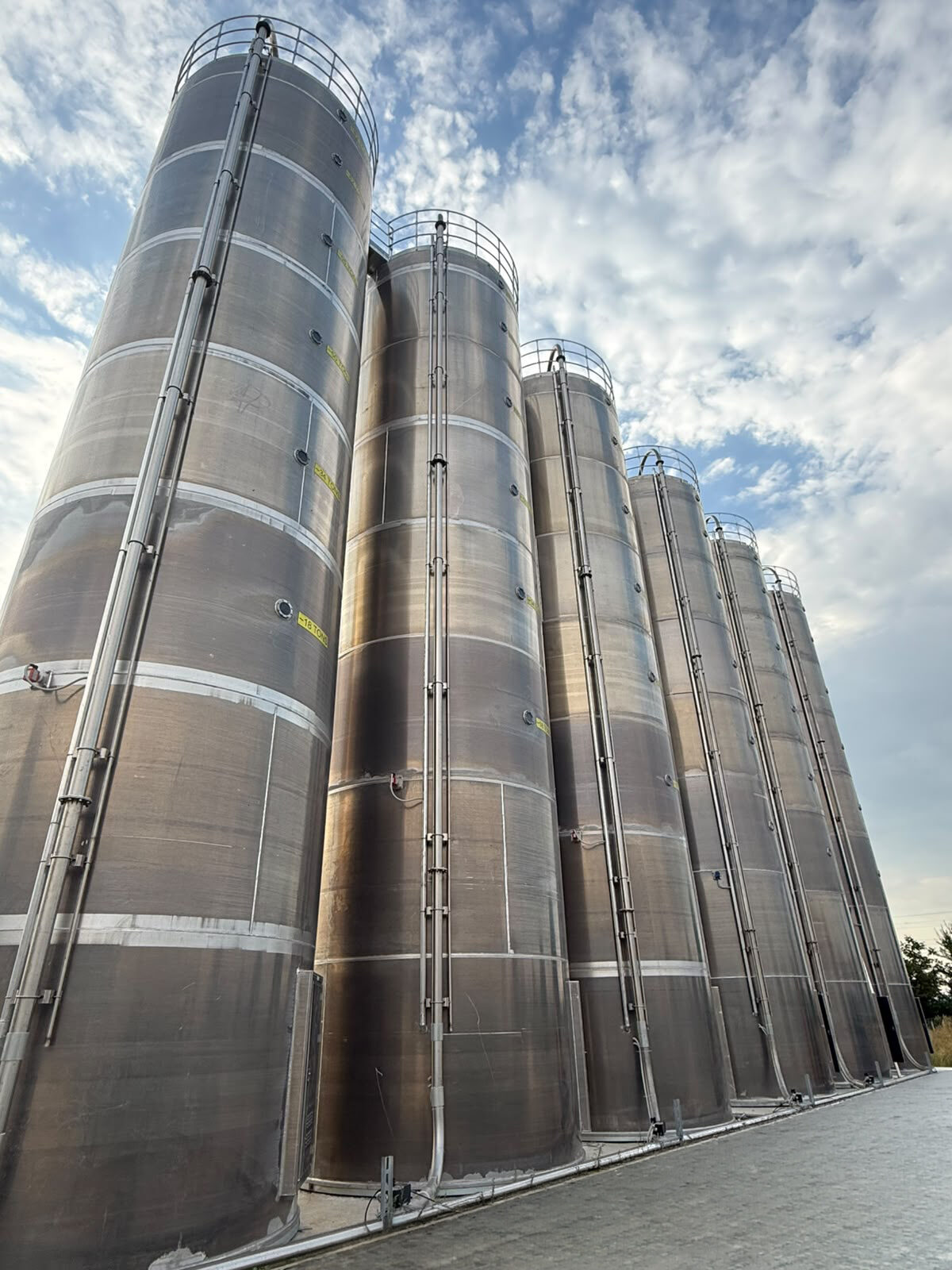 Stainless raw-material storage silos lined up on site